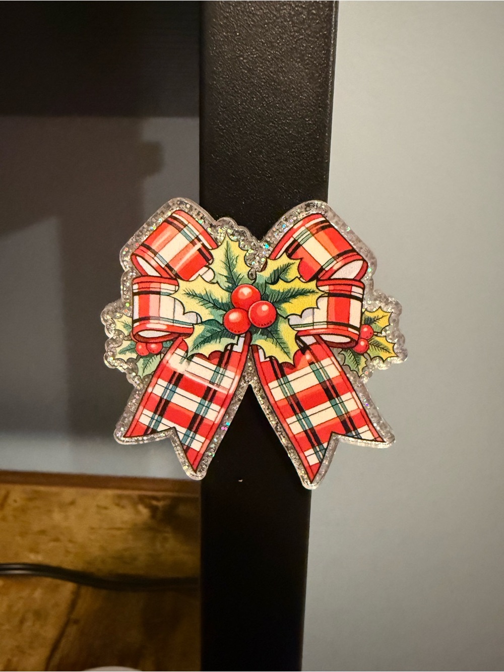 Vintage Plaid Holly Bow Acrylic Magnet